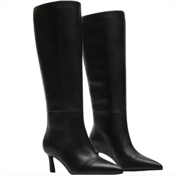 Steve Madden Lavan Boots 5.5 Black NWOT Leather Pointed Toe Pull On Heel 90s - Picture 1 of 7